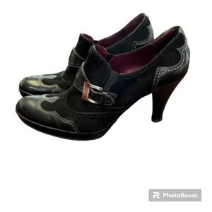 Fabi Suede Leather Buckle Bootie Shootie Wingtip Stitched Heel Black 38.5 (7.5)
